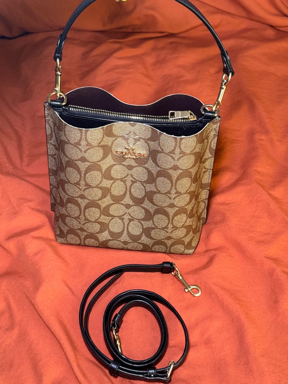 Coach Brown Signature Canvas Shoulder Bag with Black Handle and Trim